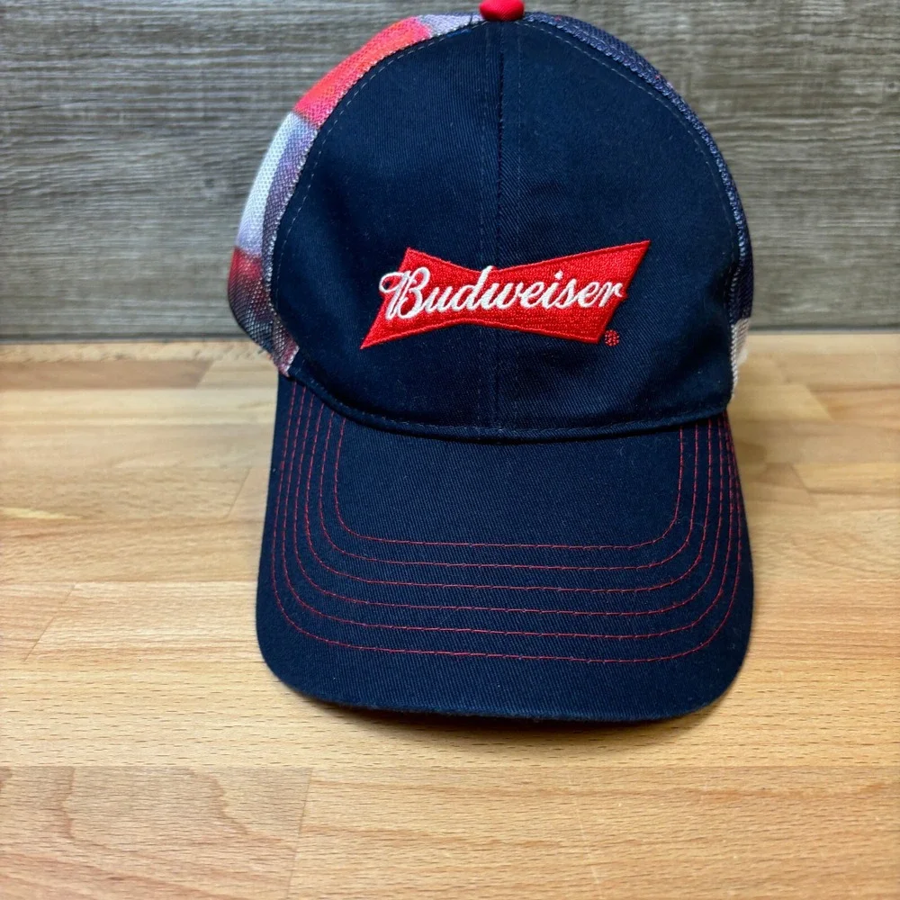 Budweiser Hat‎ Cap Strap Back Blue Beer Bud Drinking USA Flag Black K Products